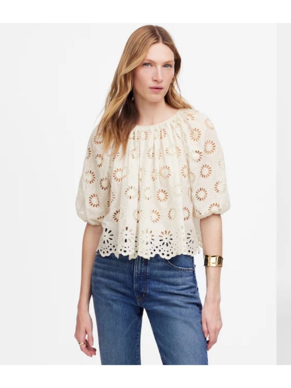 NWT Madewell Embroidered Shirred Puff-Sleeve Top - Size: Medium